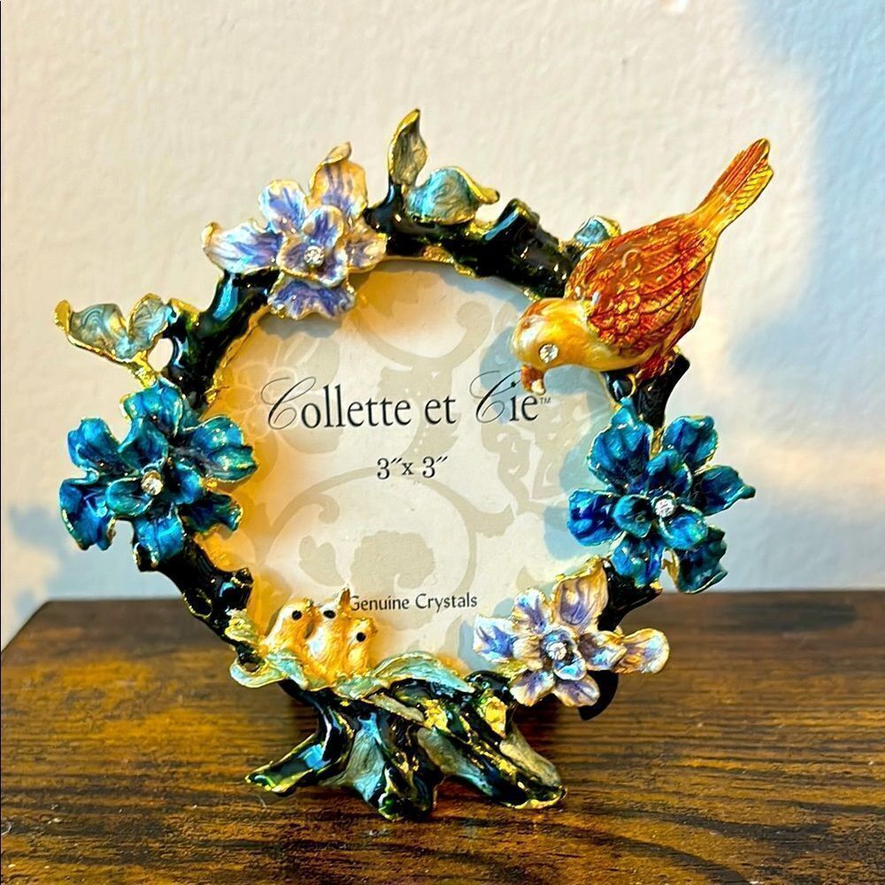 VNT Collette et Cie 3" x 3" Birds, Flower Garden Crystal Rhinestone Photo Frame